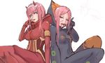  :p anemone_(eureka_seven) blue_eyes bodysuit breasts darling_in_the_franxx eureka_seven eureka_seven_(series) horns large_breasts long_hair look-alike looking_at_viewer medium_breasts multiple_girls panties_(pantsu-pirate) pilot_suit pink_hair purple_eyes simple_background smile tongue tongue_out white_background zero_two_(darling_in_the_franxx) 