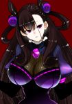  1girl bangs black_hair breasts cleavage dress eyebrows_visible_through_hair fate/grand_order fate_(series) hair_ornament large_breasts long_hair looking_at_viewer murasaki_shikibu_(fate) parted_lips perepere-kun purple_eyes red_background see-through simple_background solo very_long_hair 