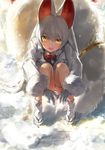  animal_ears blush bow bowtie collared_shirt commentary_request fox_ears fox_tail gloves hair_between_eyes hoojiro jacket kemono_friends leg_hug long_hair long_sleeves looking_at_viewer oinari-sama_(kemono_friends) outdoors red_bow red_neckwear shirt smile snowing solo tabi tail thigh_strap very_long_hair white white_gloves white_hair white_jacket white_legwear yellow_eyes zouri 