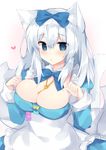  :o animal_ears apron bangs blue_bow blue_dress blue_neckwear blush bow bowtie breasts cat_ears cat_girl cat_tail character_request cleavage commentary_request cowboy_shot detached_sleeves dress eyebrows_visible_through_hair frilled_apron frills hair_between_eyes hair_bow hair_ornament hands_up heart highres key_necklace large_breasts long_hair long_sleeves looking_at_viewer maid maid_apron miko_92 open_mouth original puffy_sleeves silver_hair skindentation solo tail waist_apron white_apron 