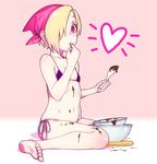  bandana barefoot bikini blonde_hair bowl chocolate chocolate_on_body commentary_request ear_piercing earrings finger_in_mouth flat_chest hair_over_one_eye hijiri_rei idolmaster idolmaster_cinderella_girls jewelry mixing_bowl piercing red_eyes shirasaka_koume short_hair sitting spatula spoon swimsuit tasting valentine wariza 