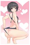  amagami ass back bangs barefoot black_eyes black_hair blush closed_mouth commentary debutya_aki eyebrows_visible_through_hair from_behind full_body heart heart_background highres lifted_by_self looking_at_viewer looking_back nanasaki_ai short_hair simple_background smile solo spoken_heart squatting sweatdrop swimsuit_lift wedgie wet white_background 