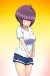  bangs blue_shorts blunt_bangs blush breasts closed_mouth commentary_request cowboy_shot facing_viewer gym_shirt gym_shorts gym_uniform hair_over_eyes large_breasts name_tag oishi_asuka own_hands_together picolette_xiii purple_hair ryuuou_no_oshigoto! shirt short_hair short_shorts short_sleeves shorts sidelocks signature solo white_shirt 