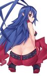  antenna_hair arm_grab belt bikini_top black_belt black_bikini_top black_footwear blue_hair butt_crack closed_mouth commentary debutya_aki disgaea disgaea_d2 frown full_body genderswap genderswap_(mtf) highres laharl laharl-chan long_hair looking_at_viewer looking_back pants pantylines pointy_ears red_eyes red_pants shoes simple_background solo squatting v-shaped_eyebrows white_background 