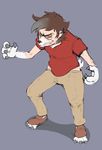  2018 4_fingers anthro black_nose brown_eyes brown_hair claws clothed clothing digital_drawing_(artwork) digital_media_(artwork) eyewear fur glasses grey_background hair human lycanroc male mammal midnight_lycanroc nintendo pok&eacute;mon pok&eacute;mon_(species) red_clothing red_shirt red_topwear simple_background solo standing subakitsu toe_claws toes torn_clothing transformation video_games white_fur 