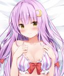  alternate_eye_color blush bow bra breasts cleavage closed_mouth collarbone commentary_request crescent crescent_hair_ornament eyebrows_visible_through_hair hair_bow hair_ornament highres hyurasan long_hair looking_at_viewer lying medium_breasts no_hat no_headwear on_back patchouli_knowledge purple_bra purple_hair red_bow solo striped striped_bra sweat sweatdrop touhou underwear upper_body yellow_eyes 
