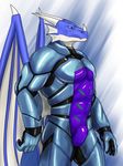  abs anthro armor athletic bodysuit bulge clothing dragon horn male muscular pecs rwolf skinsuit standing suit tight_clothing wings 