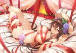  arm_up barefoot blue_eyes blush breasts brown_hair commentary_request fingernails flower granblue_fantasy hair_between_eyes hair_flower hair_ornament highres indoors kakage large_breasts leg_up long_hair looking_at_viewer lying nail_polish naked_ribbon on_back on_bed parted_lips petals ribbon rosetta_(granblue_fantasy) smile solo suggestive_fluid very_long_hair 