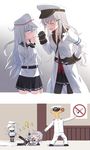  2girls admiral_(kantai_collection) ahoge anger_vein aqua_eyes bad_id bad_pixiv_id brown_gloves cigarette cnm comic commentary_request dragging flat_cap gangut_(kantai_collection) gloves hand_on_hip hat hibiki_(kantai_collection) highres kantai_collection long_hair military military_uniform multiple_girls naval_uniform no_smoking pantyhose peaked_cap pet_shaming pleated_skirt pointing poster_(object) school_uniform serafuku sign sign_around_neck silent_comic silver_hair skirt smoking t-head_admiral thighhighs translated uniform verniy_(kantai_collection) 