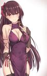  alternate_costume arm_at_side bangs bare_shoulders black_legwear blunt_bangs blush breasts bridal_gauntlets china_dress chinese_clothes cleavage cleavage_cutout closed_mouth commentary_request dress eyebrows_visible_through_hair eyes_visible_through_hair floral_print garter_straps girls_frontline groin hair_over_shoulder hair_ribbon half_updo hand_up head_tilt highres long_hair looking_at_viewer medium_breasts one_side_up purple_dress purple_hair red_eyes red_ribbon ribbon side-tie_costume side_slit sideboob sidelocks simple_background smile solo standing thighhighs thighs tress_ribbon very_long_hair wa2000_(girls_frontline) yellow_ribbon zhishi_ge_fangzhang 