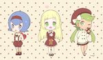  :d :p alternate_costume arm_behind_back arms_behind_back baggy_pants bangs beret blonde_hair blue_eyes blue_hair blush bow box braid brown_dress brown_footwear brown_hairband brown_hat brown_legwear brown_shorts brown_skirt chibi dark_skin dress eyebrows_visible_through_hair french_braid full_body gift gift_box green_eyes green_hair hair_bow hairband hat heart heart-shaped_box holding holding_gift kneehighs lillie_(pokemon) long_hair long_sleeves looking_at_viewer low_twintails mao_(pokemon) mary_janes mei_(maysroom) multiple_girls object_hug one_eye_closed open_mouth pants pink_background pleated_skirt pokemon pokemon_(game) pokemon_sm polka_dot polka_dot_background shoes short_dress short_hair shorts sidelocks signature skirt smile standing straight_hair suiren_(pokemon) suspender_shorts suspenders swept_bangs tongue tongue_out twintails valentine white_bow 