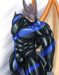  abs anthro armor athletic bodysuit bulge clothing dragon horn male muscular pecs red_eyes rubber rwolf skinsuit standing suit tight_clothing wings 