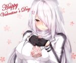  bangs bear_hair_ornament black_gloves blush breast_press breasts closed_mouth commentary_request eyebrows_visible_through_hair eyes_visible_through_hair gift gift_bag girls_frontline gloves hair_ornament hair_over_one_eye hairclip happy_valentine heart heart_print holding holding_gift jacket large_breasts long_hair looking_at_viewer pk_(girls_frontline) red_eyes scarf sidelocks silver_hair smile solo valentine very_long_hair white_scarf zuo_wei_er 