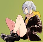  ankle_boots black_coat black_footwear black_shorts boots closed_mouth commentary_request from_side full_body green_background hand_in_pocket hood hoodie legs monsieur orange_hoodie original profile shoes short_hair shorts silver_hair simple_background sitting solo 