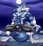  2017 4_toes 5_fingers abs anthro balls biceps blue_hair blue_nose blue_skin body_hair bulge canine chest_hair clothing crouching digitigrade eyebrows gloves_(marking) hair hungothenomster looking_aside male mammal markings moon multicolored_hair multicolored_skin muscular muscular_male night nipples pants penis_outline pose sky socks_(marking) solo toes two_tone_hair two_tone_skin were werewolf white_hair white_skin yellow_eyes 