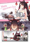  2girls :d akagi_(azur_lane) alternate_costume alternate_hairstyle apron azur_lane bar_censor black_legwear blood blood_stain bottle breasts brown_hair censored chain chibi chocolate_bar choker cleavage comic commander_(azur_lane) commentary cuffs dying_message enterprise_(azur_lane) fox fox_tail grey_hair hair_ribbon hair_tubes handcuffs happy_valentine hat highres hitodama holding identity_censor japanese_clothes long_hair lying military military_uniform multiple_girls multiple_tails naval_uniform necktie on_stomach open_mouth peaked_cap phandit_thirathon pleated_skirt ponytail potion purple_eyes red_eyes ribbon shaker silent_comic skirt smile smirk tail thighhighs translation_request twitter_username uniform valentine white_hair wide_sleeves zettai_ryouiki 