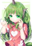  1girl absurdres commentary_request curly_hair dress_shirt fang_out green_background green_eyes green_hair gunjou_row highres horn komano_aun long_hair paw_background shirt short_sleeves simple_background smile tail touhou white_background wing_collar 