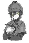  alternate_costume capelet closed_mouth danganronpa deerstalker detective expressionless hair_between_eyes hat holding holding_pipe long_sleeves looking_at_viewer male_focus monochrome new_danganronpa_v3 pipe saihara_shuuichi shaded_face shiro_q~ simple_background solo spot_color white_background yellow_eyes 