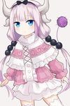  blue_eyes capelet commentary_request dragon_girl dragon_horns dragon_tail frilled_skirt frills hair_bobbles hair_ornament hairband highres horns kanna_kamui kobayashi-san_chi_no_maidragon lavender_hair long_hair looking_at_viewer low_twintails satou_(3366_s) simple_background skirt solo tail tail_raised thighhighs twintails white_background zettai_ryouiki 