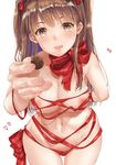  :d areolae arm_behind_back bangs blurry bow bowtie breasts brown_eyes brown_hair chocolate cleavage cowboy_shot depth_of_field fingernails hair_bow head_tilt heart highres holding leaning_forward long_hair looking_at_viewer medium_breasts naked_ribbon navel nipple_slip nipples nude ogiso_setsuna open_mouth reaching_out ribbon ricca shiny shiny_hair skindentation smile solo standing thigh_gap two_side_up white_album_2 white_background wrapped_up 