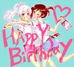  commentary denim denim_shorts happy_birthday holding_hands kuma_(bloodycolor) multiple_girls one_eye_closed paint paint_can paint_splatter red_hair ruby_rose rwby shorts weiss_schnee white_hair 
