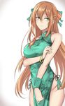  alternate_costume bangle bangs bare_shoulders blush bracelet breasts brown_hair china_dress chinese_clothes closed_mouth collarbone commentary_request cowboy_shot dress eyebrows_visible_through_hair eyes_visible_through_hair floral_print girls_frontline green_dress green_eyes green_ribbon groin hair_between_eyes hair_ribbon hair_rings half-closed_eyes half_updo hand_on_own_arm highres jewelry large_breasts long_hair looking_at_viewer m1903_springfield_(girls_frontline) ribbon side-tie_costume side_slit sidelocks simple_background smile solo standing thighs zhishi_ge_fangzhang 