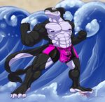  2016 4_toes abs anthro biceps black_skin bulge cetacean clothing digitigrade fist grin hungothenomster male mammal marine multicolored_skin muscular muscular_male orca sharp_teeth smile solo swimming_trunks swimsuit teeth toes two_tone_skin water wave whale white_skin 