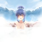  :o absurdres alternate_breast_size blue_hair blush breasts closed_eyes collarbone day eyebrows_visible_through_hair hair_bun hair_ornament hair_scrunchie highres medium_breasts onsen open_mouth outdoors outstretched_arms partially_submerged rock scrunchie shima_rin sitting solo spread_arms steam take_mawile water yurucamp 
