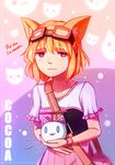  animal_ears bag cat_ears character_name cocoa_(rabi_ribi) commentary english eyebrows_visible_through_hair goggles goggles_on_head hand_on_own_stomach holding hungry looking_at_viewer orange_hair pink_eyes rabi-ribi short_hair short_sleeves solo speckticuls stomach_growling tears watch wavy_mouth wristwatch 