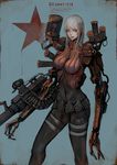  cyborg highres jittsu long_hair mechanical_arm mechanical_arms military original prosthesis prosthetic_arm russian solo translated weapon white_eyes white_hair 