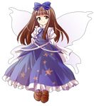  alphes_(style) bangs blue_bow blue_ribbon blue_shirt blue_skirt blunt_bangs bow brown_eyes brown_footwear brown_hair closed_mouth dairi eyebrows eyebrows_visible_through_hair fairy fairy_wings frilled_bow frilled_skirt frills full_body hair_bow juliet_sleeves loafers long_hair long_skirt long_sleeves parody puffy_long_sleeves puffy_sleeves ribbon shirt shoes skirt skirt_set smile solo star_sapphire straight_hair style_parody tachi-e touhou transparent_background wings 