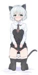 animal_ears ass_visible_through_thighs bangs bed_sheet black_legwear black_neckwear black_skirt blush bow bow_panties cat_ears cat_tail closed_mouth commentary crotch_seam debutya_aki eyebrows_visible_through_hair frown full_body green_eyes highres kneeling lifted_by_self long_sleeves looking_at_viewer military military_uniform miniskirt necktie nose_blush on_bed panties panty_pull pantyhose pantyhose_pull pleated_skirt print_neckwear sanya_v_litvyak shirt short_hair side-tie_panties silver_hair skirt skirt_lift solo strike_witches sweat tail underwear uniform white_background white_panties white_shirt world_witches_series 