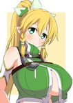  1girl bare_shoulders blonde_hair blush braid breasts elf female green_eyes hair_ornament highres huge_breasts leafa long_hair long_ponytail looking_at_viewer naruse_mai no_bra pointy_ears ponytail shirt simple_background smile solo sword_art_online underboob upper_body 
