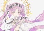  black_ribbon blush commentary_request dress fate/grand_order fate/hollow_ataraxia fate_(series) frills hairband halo hand_to_own_mouth highres lolita_hairband long_hair looking_at_viewer no_nose number open_mouth purple_eyes purple_hair ribbon solo stheno twintails upper_body white_background white_dress wsk_64 