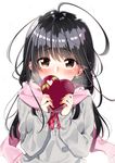  bangs black_hair blush box breath brown_eyes commentary_request covering_mouth enpera gift grey_sweater heart-shaped_box highres holding holding_gift long_hair long_sleeves original pink_scarf red_neckwear sakuragi_ren scarf snowing solo sweater upper_body valentine white_background 