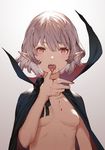  blood blood_on_arm blood_on_fingers breasts cape collarbone eyebrows_visible_through_hair fangs hair_between_eyes highres looking_at_viewer mogumo naked_cape no_nipples open_mouth original pointy_ears red_eyes short_hair small_breasts solo upper_body vampire white_hair 