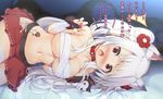  1girl :o alternate_hairstyle animal_ears asa_(swallowtail) azur_lane bandaged_arm bandages bangs bare_shoulders bed_sheet blush breasts bridal_gauntlets buckle budget_sarashi cleavage collar collarbone dark eyebrows_visible_through_hair fingernails flower hair_flower hair_ornament heart hip_vent large_breasts long_fingernails long_hair looking_at_viewer lying miniskirt nail_polish navel nose_blush on_side open_mouth pillow red_eyes red_flower red_nails red_skirt sarashi shiny shiny_skin skirt solo stomach stuffed_wolf surprised tareme tattoo thighhighs translation_request twintails underboob very_long_hair white_flower white_legwear wolf_ears yuudachi_(azur_lane) zettai_ryouiki 