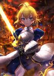  ahoge armor armored_dress artoria_pendragon_(all) bad_id bad_pixiv_id blonde_hair breastplate excalibur fate/stay_night fate_(series) gauntlets green_eyes hair_bun highres holding korean kyjsogom looking_at_viewer saber solo sword unlimited_blade_works watermark weapon web_address 