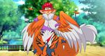  2018 anthro avian big_breasts big_tail blush breasts chest_tuft clothing curvaceous day detailed_background embarrassed female fluffy fluffy_tail fur green_eyes hair hybrid long_tail looking_at_viewer mammal mastergodai nature open_mouth orange_fur outside park pond red_hair stripes thick_thighs torn_clothing tree tuft unknown_species voluptuous wardrobe_malfunction water wide_hips wings 