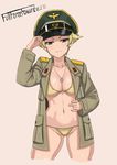  artist_name ass_visible_through_thighs beige_background bikini blonde_hair breast_pocket breasts cameltoe cleavage closed_mouth coat collarbone cowboy_shot cropped_legs dated emblem erwin_(girls_und_panzer) eyewear_on_headwear fullforceforward girls_und_panzer green_hat groin hand_on_headwear hand_up hat highres jewelry legs_apart long_sleeves looking_at_viewer medium_breasts navel necklace no_pants open_clothes open_coat peaked_cap pendant pocket short_hair simple_background smile solo standing stomach swimsuit tsurime underboob yellow_bikini 
