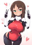  alice_gear_aegis bangs blush bodysuit breasts brown_hair commentary_request cowboy_shot cum cum_on_body cum_on_breasts cum_on_upper_body cumdrip dark_skin double_v green_eyes grin hair_in_mouth highres kaneshiya_sitara large_breasts looking_at_viewer shachi_kamaboko smile solo v white_background wide_hips 