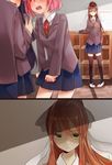  3girls arm_rest bangs black_legwear blazer blue_skirt blush bow breasts brown_hair classroom clenched_hands closed_mouth collared_shirt commentary day doki_doki_literature_club eba_games empty_eyes eyebrows_visible_through_hair frown green_eyes hair_between_eyes hair_bow highres indoors jacket jealous lonely long_hair long_sleeves looking_at_viewer monika_(doki_doki_literature_club) multiple_girls natsuki_(doki_doki_literature_club) neck_ribbon open_mouth pink_hair pleated_skirt ponytail protagonist_(doki_doki_literature_club) purple_hair ribbon round_teeth school_uniform shaded_face shirt shoes sidelocks skirt standing teeth thighhighs uwabaki white_footwear white_shirt wing_collar yandere yuri_(doki_doki_literature_club) zettai_ryouiki 