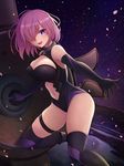  :d black_gloves black_legwear black_leotard breasts cherry_blossoms cleavage elbow_gloves eyebrows_visible_through_hair fate/grand_order fate_(series) fou_zi gloves groin hair_over_one_eye highres holding_shield large_breasts leotard long_hair mash_kyrielight navel navel_cutout night open_mouth pink_hair purple_eyes shield sky smile solo star_(sky) starry_sky thigh_strap thighhighs 