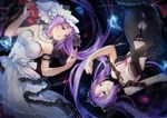  2girls alternate_breast_size bow breasts butterfly cleavage dress euryale fate/grand_order fate/hollow_ataraxia fate_(series) flower large_breasts long_hair multiple_girls on_back purple_eyes purple_hair rose siblings sisters stheno tagme tagme_(artist) tiara twins 