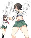  @_@ abenattou anzio_school_uniform breasts brown_hair caesar_(girls_und_panzer) girls_und_panzer glasses large_breasts lifted_by_self multiple_girls oryou_(girls_und_panzer) scarf shirt_lift short_ponytail translation_request undressing valentine white_background 