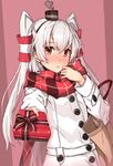  alternate_costume amatsukaze_(kantai_collection) bag blush box brown_eyes casual coat commentary_request gift gift_box giving hair_tubes handbag hat highres holding kantai_collection long_hair looking_at_viewer mini_hat scarf silver_hair simple_background solo takanashi_kei_(hitsujikan) two_side_up valentine winter_clothes winter_coat 