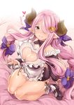  apron black_sweater blue_eyes blush bobby_socks bow braid breasts cleavage commentary_request draph granblue_fantasy hair_bow hair_ornament hair_over_one_eye heart heart_hair_ornament highres horns large_breasts long_hair long_sleeves looking_at_viewer mary_janes narmaya_(granblue_fantasy) panties pink_hair pointy_ears purple_bow ribbed_sweater shoes side-tie_panties sitting smile socks solo sweater thomasz translation_request underwear wariza white_legwear 