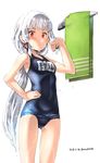  alternate_hairstyle ass_visible_through_thighs blue_swimsuit covered_navel cowboy_shot dated flat_chest hair_ribbon hand_on_hip headgear kantai_collection long_hair looking_at_viewer mundane_utility murakumo_(kantai_collection) name_tag old_school_swimsuit one-piece_swimsuit ponytail red_eyes ribbon sakura_(medilore) school_swimsuit short_eyebrows sidelocks silver_hair simple_background solo standing swimsuit towel towel_rack tress_ribbon twitter_username very_long_hair wet white_background 