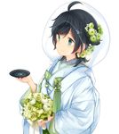  ahoge alternate_costume black_hair blue_eyes bouquet cup flower highres holding japanese_clothes jewelry kantai_collection kimono malachite matsukaze_(kantai_collection) ring sakazuki short_hair simple_background smile solo uchikake wedding_band white_background white_flower 