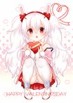  :o animal_ears azur_lane bangs box bunny_ears camisole chihiro_(khorosho) chocolate chocolate_heart commentary_request eyebrows_visible_through_hair gift gift_box hair_between_eyes hair_ornament hairband heart heart-shaped_box highres holding holding_gift jacket laffey_(azur_lane) long_hair long_sleeves looking_at_viewer off_shoulder panties pantyshot pantyshot_(squatting) parted_lips pink_jacket pleated_skirt red_eyes red_hairband shoes silver_hair simple_background sitting skirt sleeves_past_wrists solo squatting strap_slip striped striped_panties thighhighs twintails underwear very_long_hair white_camisole white_footwear white_legwear 